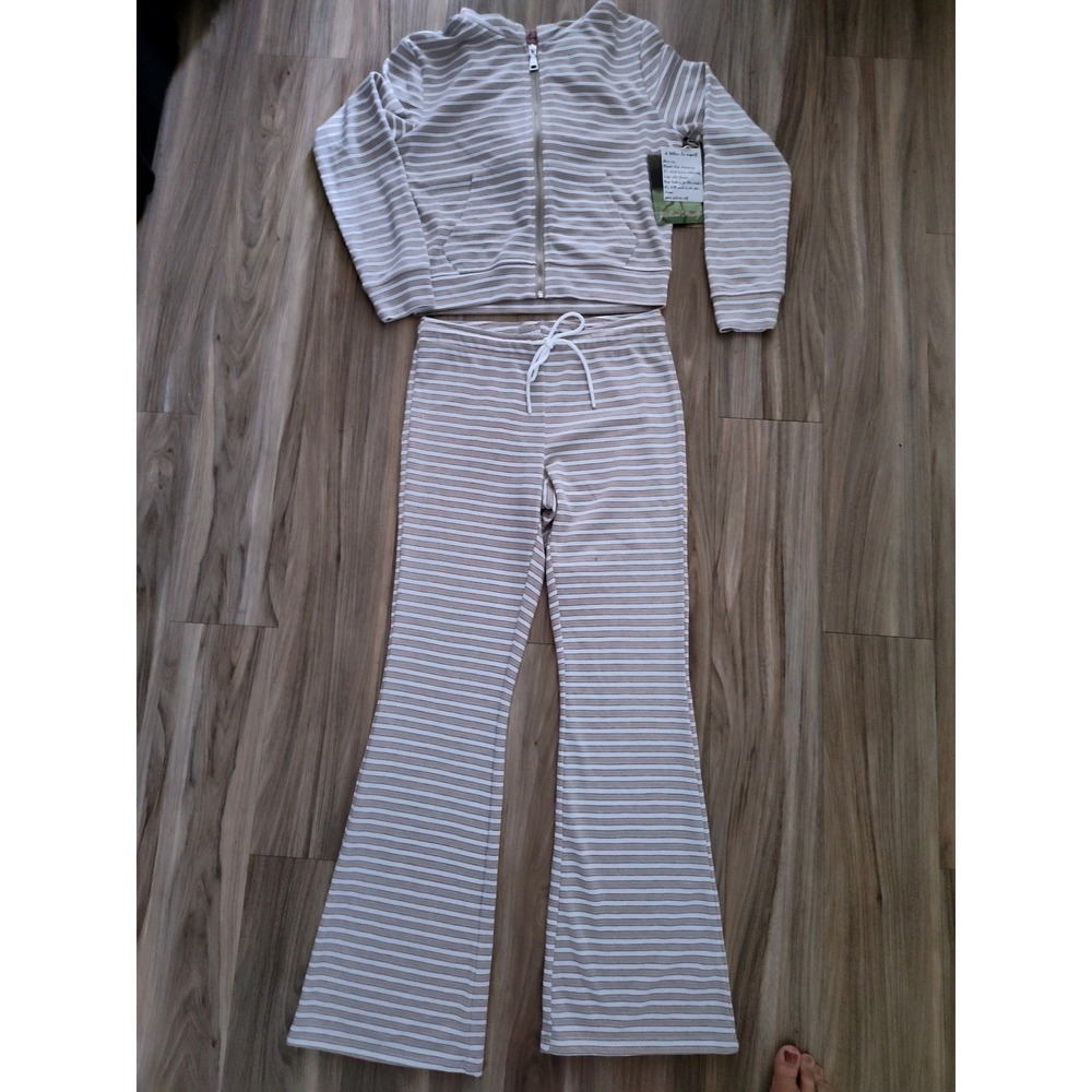 Girlhood Society Tan White Striped Zip Hoodie & Flare Pants Lounge Set Medium